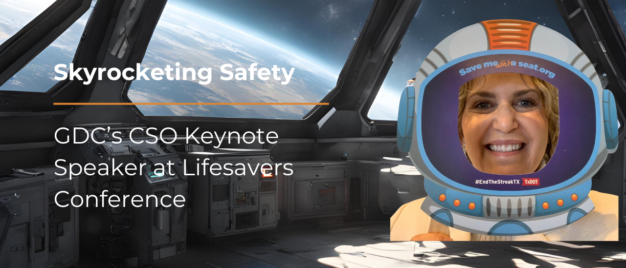 Ana-Maria uses an astronaut cardboard mask. A header reads "Skyrocketing Safety: GDC's CSO Keynote Speaker at Lifesavers Conference"